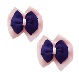 School uniform hair accessories Double Bella Bow 10cm School Non Slip Hair Clip - Pinkberry Kisses Pair of Hair Clips Light Pink Base & Centre Ribbon Navy Blue 