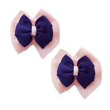 School uniform hair accessories Double Bella Bow 10cm School Non Slip Hair Clip - Pinkberry Kisses Pair of Hair Clips Light Pink Base & Centre Ribbon Navy Blue