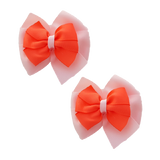 School uniform hair accessories Double Bella Bow 10cm School Non Slip Hair Clip - Pinkberry Kisses Pair of Hair Clips Light Pink Base & Centre Ribbon Neon Orange