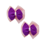 School uniform hair accessories Double Bella Bow 10cm School Non Slip Hair Clip - Pinkberry Kisses Pair of Hair Clips Light Pink Base & Centre Ribbon Purple