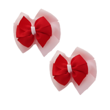 School uniform hair accessories Double Bella Bow 10cm School Non Slip Hair Clip - Pinkberry Kisses Pair of Hair Clips Light Pink Base & Centre Ribbon Red