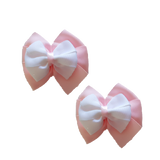 School uniform hair accessories Double Bella Bow 10cm School Non Slip Hair Clip - Pinkberry Kisses Pair of Hair Clips Light Pink Base & Centre Ribbon White 