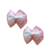 School uniform hair accessories Double Bella Bow 10cm School Non Slip Hair Clip - Pinkberry Kisses Pair of Hair Clips Light Pink Base & Centre Ribbon White