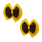 School Hair accessories Double Bella Bow 10cm Hair Clip Pair Non Slip Hair Bows Pinkberry Kisses Maize Yellow Base & Centre Ribbon Brown