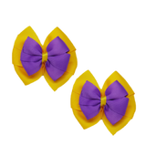 School Hair accessories Double Bella Bow 10cm Hair Clip Pair Non Slip Hair Bows Pinkberry Kisses Maize Yellow Base & Centre Ribbon Grape