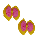 School Hair accessories Double Bella Bow 10cm Hair Clip Pair Non Slip Hair Bows Pinkberry Kisses Maize Yellow Base & Centre Ribbon Hot Pink