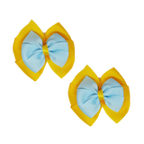 School Hair accessories Double Bella Bow 10cm Hair Clip Pair Non Slip Hair Bows Pinkberry Kisses Maize Yellow Base & Centre Ribbon Light Blue