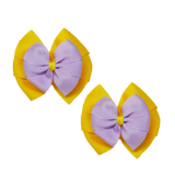 School Hair accessories Double Bella Bow 10cm Hair Clip Pair Non Slip Hair Bows Pinkberry Kisses Maize Yellow Base & Centre Ribbon Light Orchid