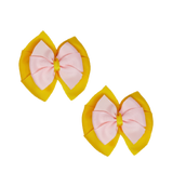 School Hair accessories Double Bella Bow 10cm Hair Clip Pair Non Slip Hair Bows Pinkberry Kisses Maize Yellow Base & Centre Ribbon Light Pink