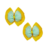 School Hair accessories Double Bella Bow 10cm Hair Clip Pair Non Slip Hair Bows Pinkberry Kisses Maize Yellow Base & Centre Ribbon Mint Green