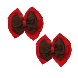 School Hair accessories Double Bella Bow 10cm Hair Clip Pair Non Slip Hair Bows Pinkberry Kisses Red Base & Centre Ribbon Brown