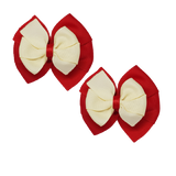 School Hair accessories Double Bella Bow 10cm Hair Clip Pair Non Slip Hair Bows Pinkberry Kisses Red Base & Centre Ribbon Cream Ivory