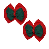 School Hair accessories Double Bella Bow 10cm Hair Clip Pair Non Slip Hair Bows Pinkberry Kisses Red Base & Centre Ribbon Hunter Green
