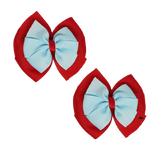 School Hair accessories Double Bella Bow 10cm Hair Clip Pair Non Slip Hair Bows Pinkberry Kisses Red Base & Centre Ribbon Light Blue