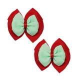 School Hair accessories Double Bella Bow 10cm Hair Clip Pair Non Slip Hair Bows Pinkberry Kisses Red Base & Centre Ribbon Mint Green