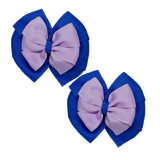 School Hair accessories Double Bella Bow 10cm Hair Clip Pair Non Slip Hair Bows Pinkberry Kisses Royal Blue Base & Centre Ribbon Light Orchid