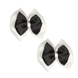 School Hair accessories Double Bella Bow 10cm Hair Clip Pair Non Slip Hair Bows Pinkberry Kisses White Base & Centre Ribbon Black