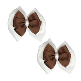 School Hair accessories Double Bella Bow 10cm Hair Clip Pair Non Slip Hair Bows Pinkberry Kisses White Base & Centre Ribbon Brown
