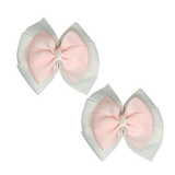 School Hair accessories Double Bella Bow 10cm Hair Clip Pair Non Slip Hair Bows Pinkberry Kisses White Base & Centre Ribbon Light Pink