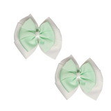 School Hair accessories Double Bella Bow 10cm Hair Clip Pair Non Slip Hair Bows Pinkberry Kisses White Base & Centre Ribbon Mint Green