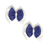 School Hair accessories Double Bella Bow 10cm Hair Clip Pair Non Slip Hair Bows Pinkberry Kisses White Base & Centre Ribbon Navy Blue