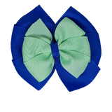 School uniform hair accessories Double Bella Hair Bow 10cm - Royal Blue Base & Centre Ribbon Mint Green - Pinkberry Kisses