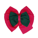 School uniform hair accessories Double Bella Bow 10cm School Non Slip Hair Clip - Pinkberry Kisses Shocking Pink Base & Centre Ribbon Hunter Green