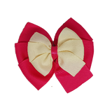 School uniform hair accessories Double Bella Bow 10cm School Non Slip Hair Clip - Pinkberry Kisses Shocking Pink Base & Centre Ribbon Ivory Cream