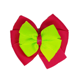 School uniform hair accessories Double Bella Bow 10cm School Non Slip Hair Clip - Pinkberry Kisses Shocking Pink Base & Centre Ribbon Key Lime