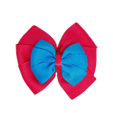 School uniform hair accessories Double Bella Bow 10cm School Non Slip Hair Clip - Pinkberry Kisses Shocking Pink Base & Centre Ribbon Methyl Blue
