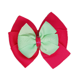 School uniform hair accessories Double Bella Bow 10cm School Non Slip Hair Clip - Pinkberry Kisses Shocking Pink Base & Centre Ribbon Mint green