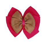 School uniform hair accessories Double Bella Bow 10cm School Non Slip Hair Clip - Pinkberry Kisses Shocking Pink Base & Centre Ribbon Natural