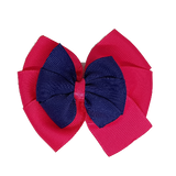 School uniform hair accessories Double Bella Bow 10cm School Non Slip Hair Clip - Pinkberry Kisses Shocking Pink Base & Centre Ribbon Navy Blue