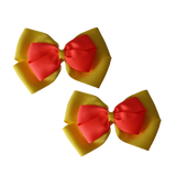 School uniform hair accessories Double Cherish Bow Non Slip Hair Clip Hair Bow Hair Tie - Daffodil Yellow Base & Centre Ribbon 11cm Pinkberry Kisses Daffodil Yellow Neon Orange Pair 