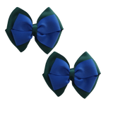 School uniform hair accessories Double Cherish Bow 11cm - Hunter Green Base & Centre Ribbon Methyl Blue - Pinkberry Kisses Non Slip Hair Clip Hair Tie