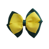 School uniform hair accessories Double Cherish Bow 11cm - Hunter Green Base & Centre Ribbon Lemon Yellow - Pinkberry Kisses Non Slip Hair Clip Hair Tie