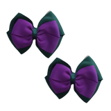 School uniform hair accessories Double Cherish Bow 11cm - Hunter Green Base & Centre Ribbon Purple Pair - Pinkberry Kisses Non Slip Hair Clip Hair Tie