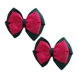 School uniform hair accessories Double Cherish Bow 11cm - Hunter Green Base & Centre Ribbon Shocking Pink Pair - Pinkberry Kisses Non Slip Hair Clip Hair Tie