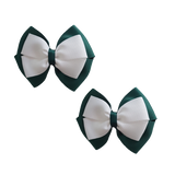 School uniform hair accessories Double Cherish Bow 11cm - Hunter Green Base & Centre Ribbon White Pair - Pinkberry Kisses Non Slip Hair Clip Hair Tie