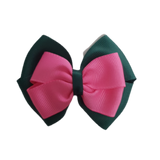 School uniform hair accessories Double Cherish Bow 11cm - Hunter Green Base & Centre Ribbon Shocking Pink - Pinkberry Kisses Non Slip Hair Clip Hair Tie