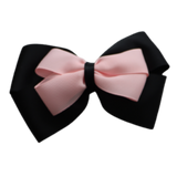 School uniform hair accessories Double Cherish Bow 9cm - Black Base & Centre Ribbon Light Pink - Pinkberry Kisses non Slip Hair Clip Hair Tie