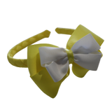 School Uniform Hair Accessories Woven Double Cherish Bow Headband - Lemon Yellow Base & Large BowSchool Woven Double Cherish Bow Headband School Uniform Headband Hair Accessories Pinkberry Kisses Lemon Yellow White