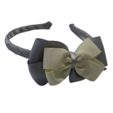 School Woven Double Cherish Bow Headband School Uniform Headband Hair Accessories Pinkberry Kisses Light Grey cream