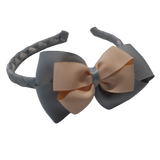 School Woven Double Cherish Bow Headband School Uniform Headband Hair Accessories Pinkberry Kisses Light Grey  Peach