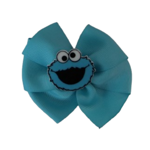 Bella Hair Bow - Blue Hair Bow with Cookie Monster Sesame St Badge- 9cm Girls Hair Accessories - non slip hair clips Pinkberry Kisses