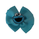 Bella Hair Bow - Blue Hair Bow with Cookie Monster Sesame St Badge- 9cm Girls Hair Accessories - non slip hair clips Pinkberry Kisses