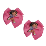 Bella Hair Bow - Pink Hair Bow with Dora Badge- 9cm Girls Hair Accessories - non slip hair clips Pinkberry Kisses Pair