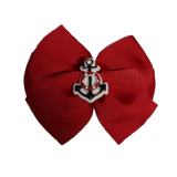 Bella Hair Bow - Red Hair Bow with Boat Anchor Badge- 9cm Girls Hair Accessories - non slip hair clips Pinkberry Kisses