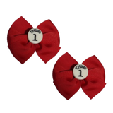 Bella Hair Bow - Red with Thing 1 Badge- 9cm Girls Pinkberry Kisses Hair Tie Pair