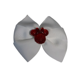 Bella Hair Bow - White Hair Bow with Red Minnie Mouse Badge- 9cm Girls Hair Accessories - non slip hair clips Pinkberry Kisses